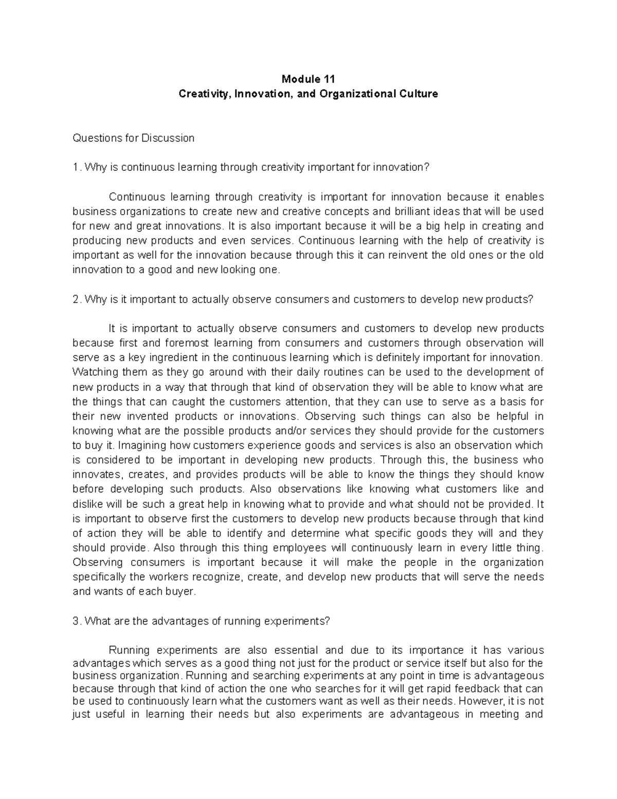 Organizational Behavior Activity - Creativity, Innovation, and ...