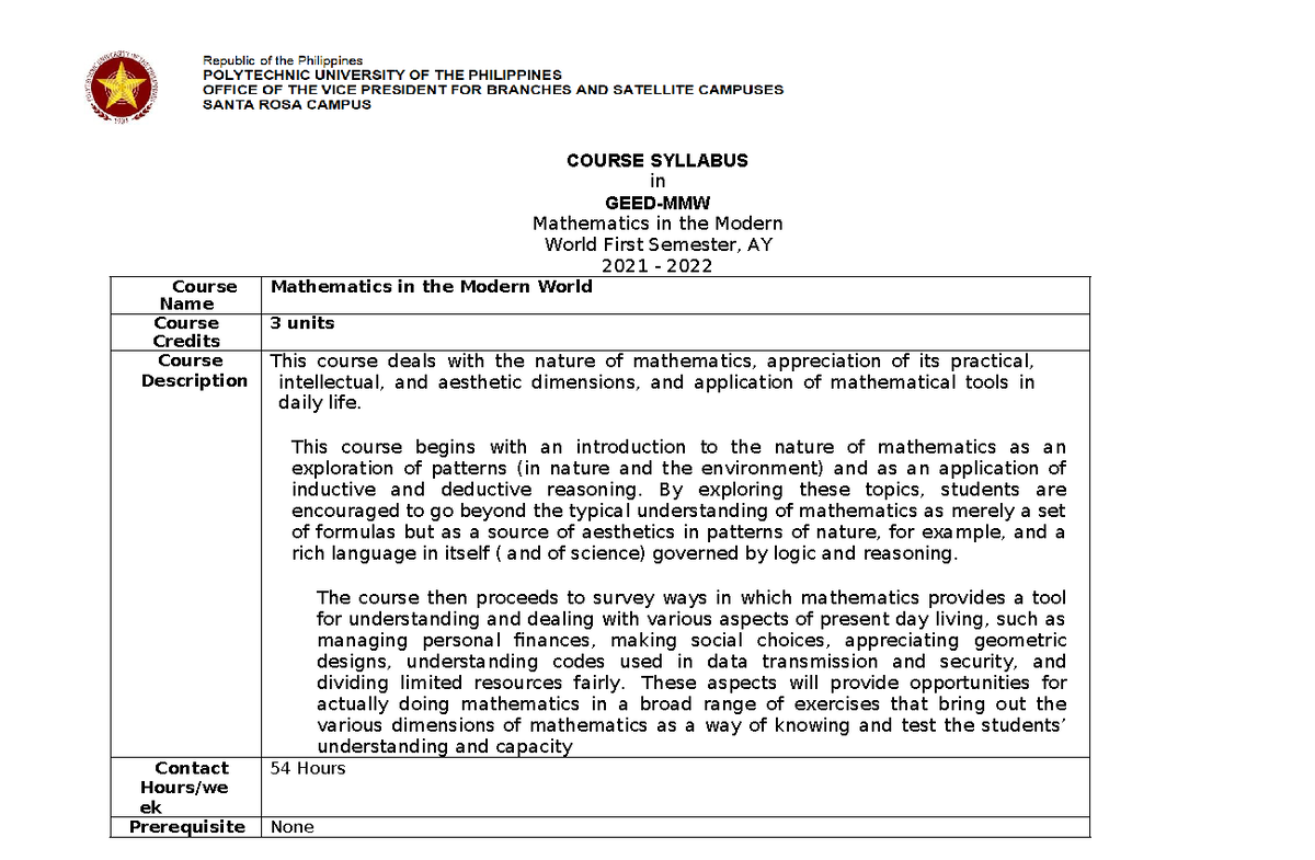 MMW-Syllabus - .ggffvhddb - COURSE SYLLABUS in GEED-MMW Mathematics in ...