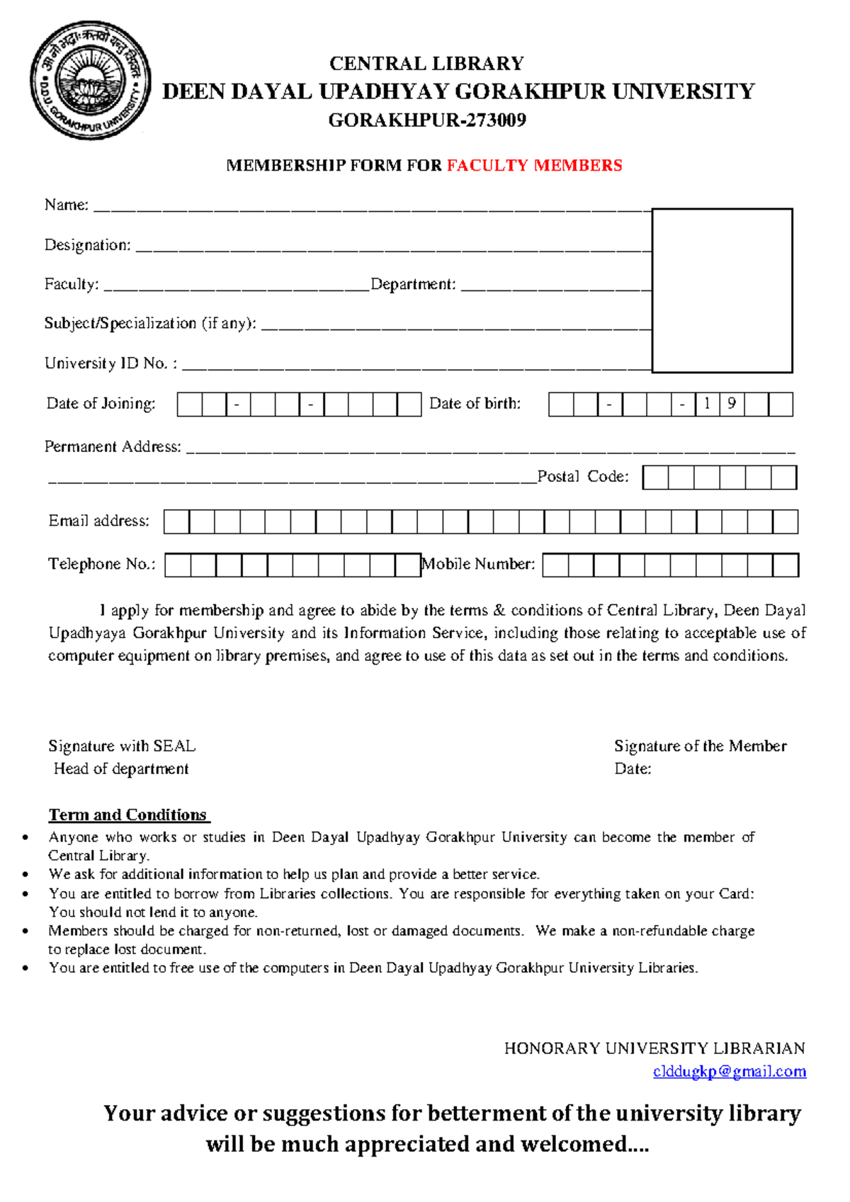 Membership form - Form - CENTRAL LIBRARY DEEN DAYAL UPADHYAY GORAKHPUR ...