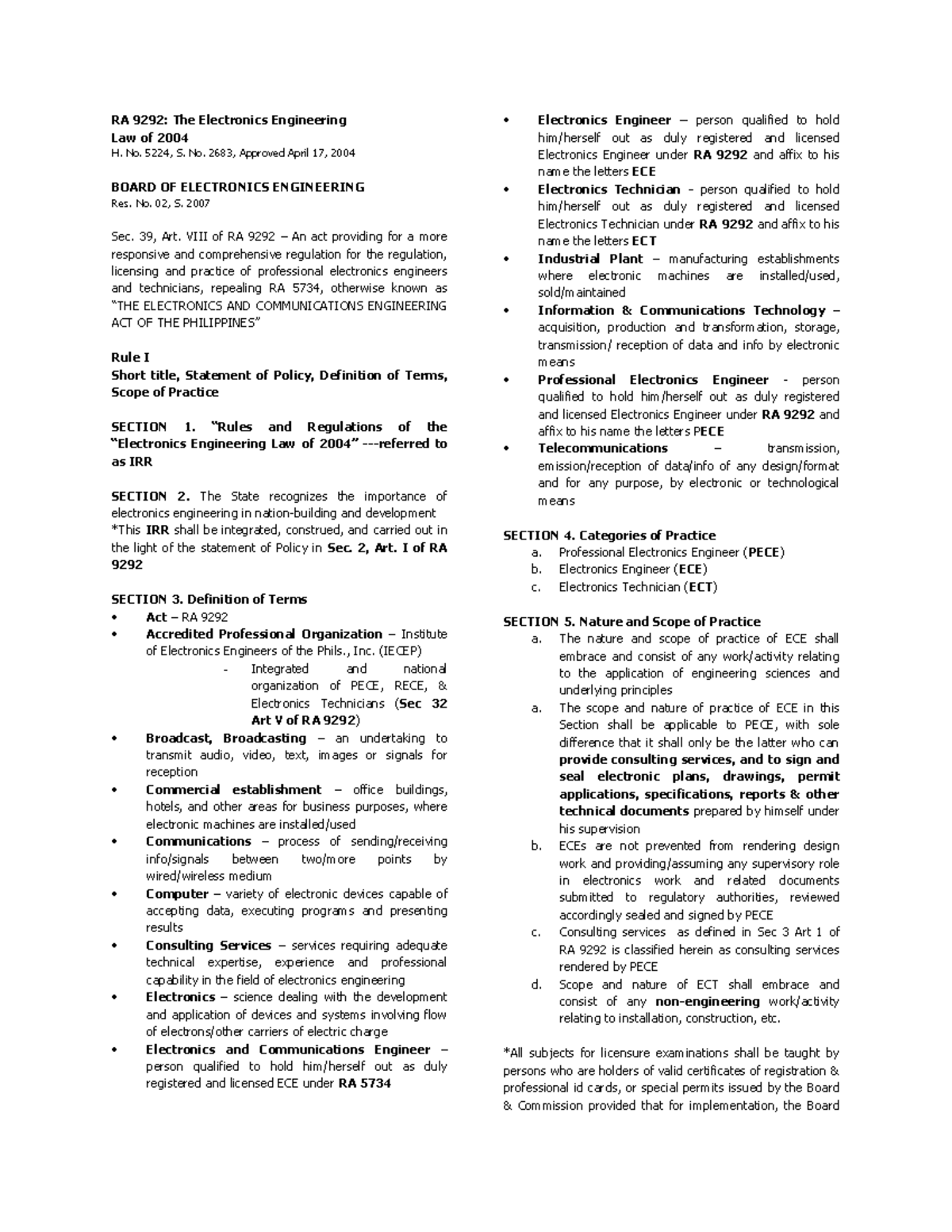 294430600 RA 9292 Summary RA 9292 The Electronics Engineering Law of