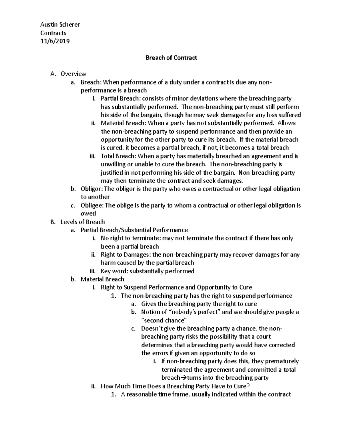 Chapter Twenty-Four Notes - Contracts 11/6/ Breach of Contract A ...