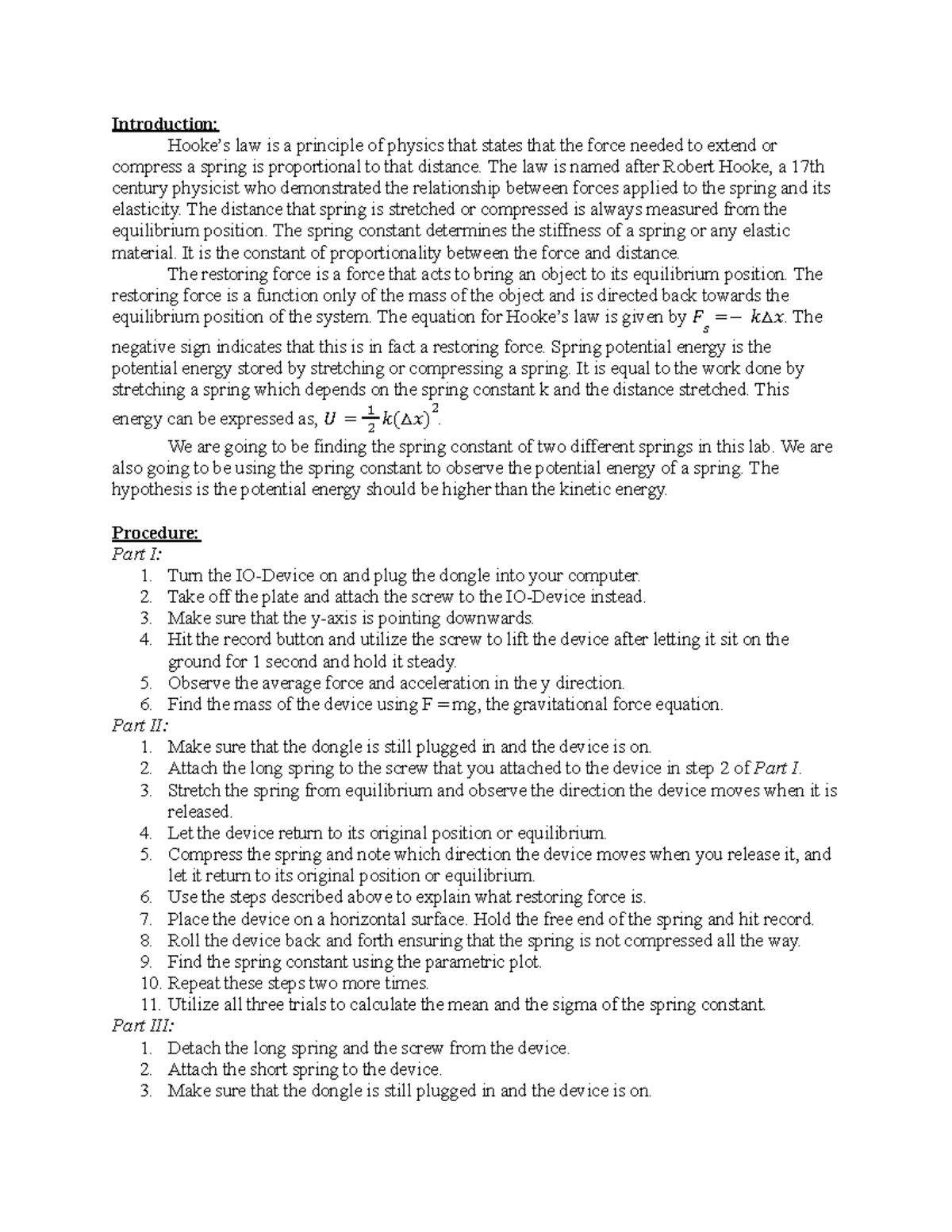 PHY 133 Lab 5 anon 1 hookes law Introduction Hooke’s law is a
