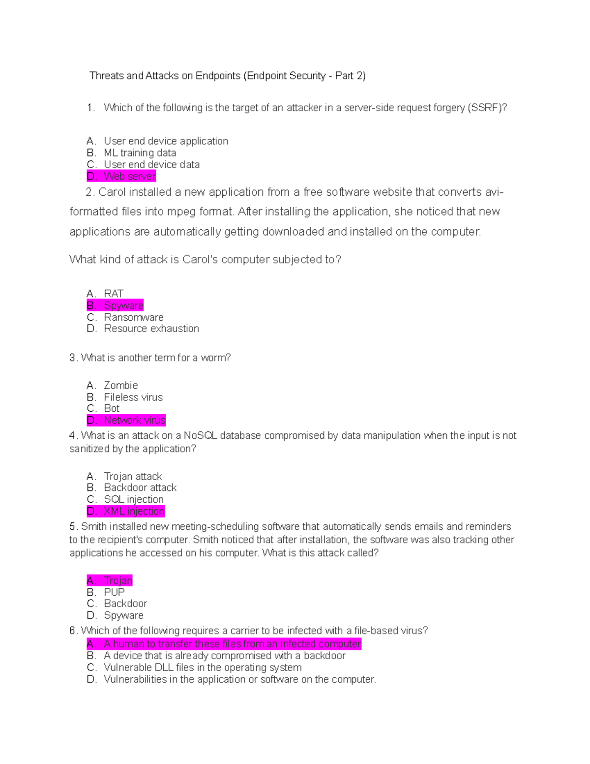 Chapter 3 practice questions Threats and Attacks on Endpoints