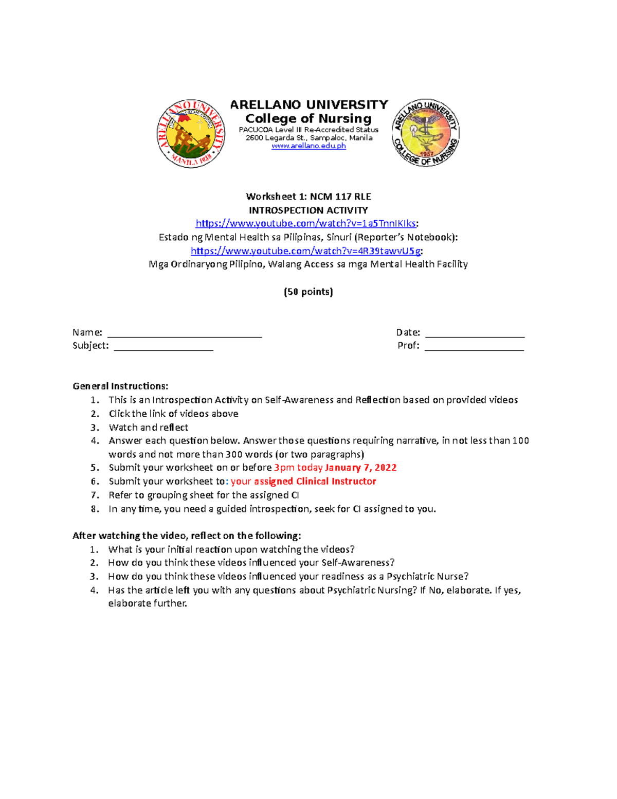 WS1 SELF Introspection Activity for lecture - ARELLANO UNIVERSITY ...