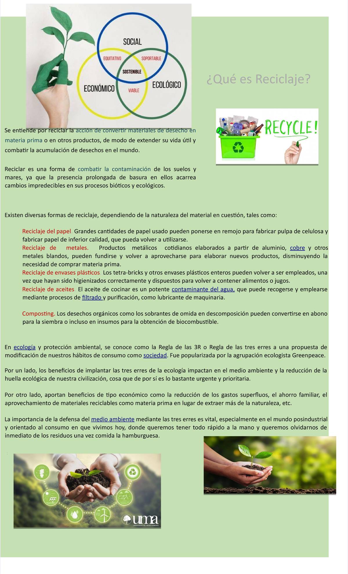 Cartel sobre el desarrollo sustentable y reciclaje - ¿Qué es Reciclaje? Se  entiende por reciclar la - Studocu