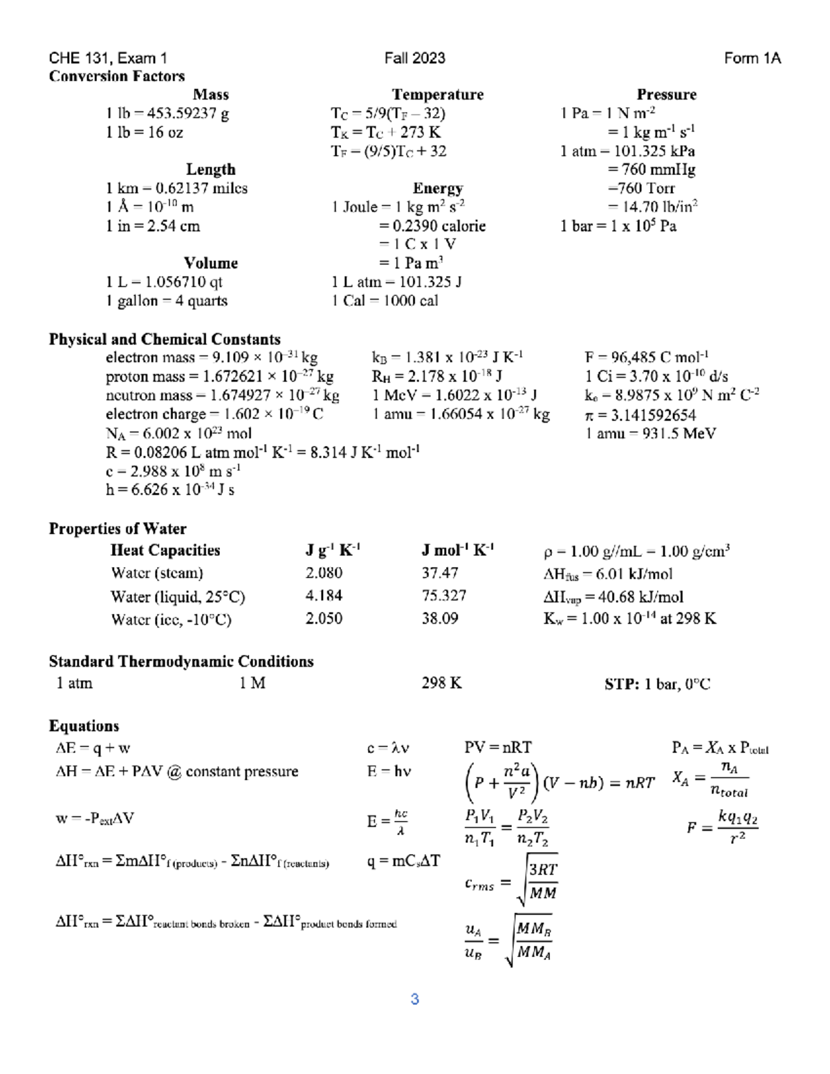 CHE 131 Exam 1 Fall 2023 Form 1A -CHE 131.01-04 General Chemistry IB ...
