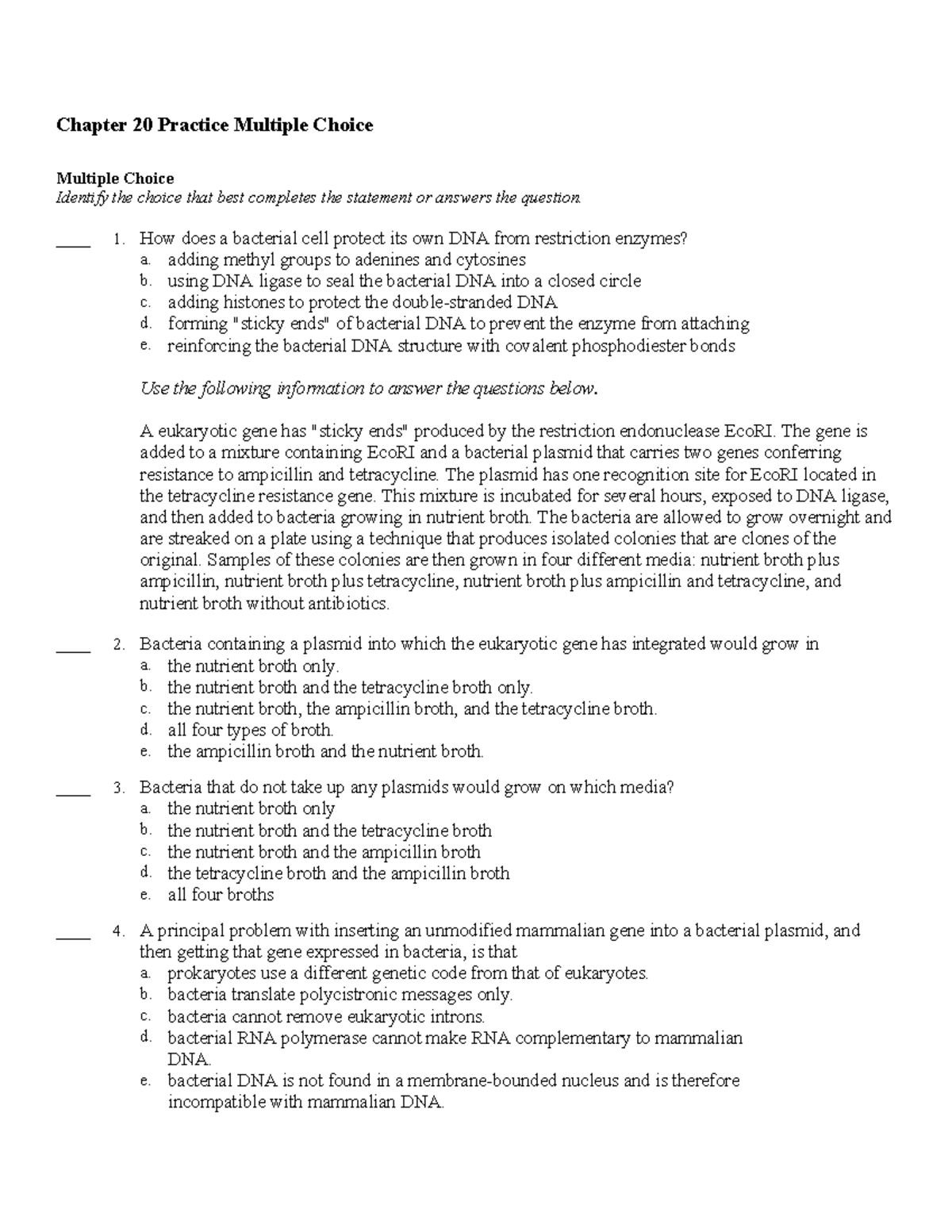 Chapter 20 Practice Multiple Choice - Chapter 20 Practice Multiple ...