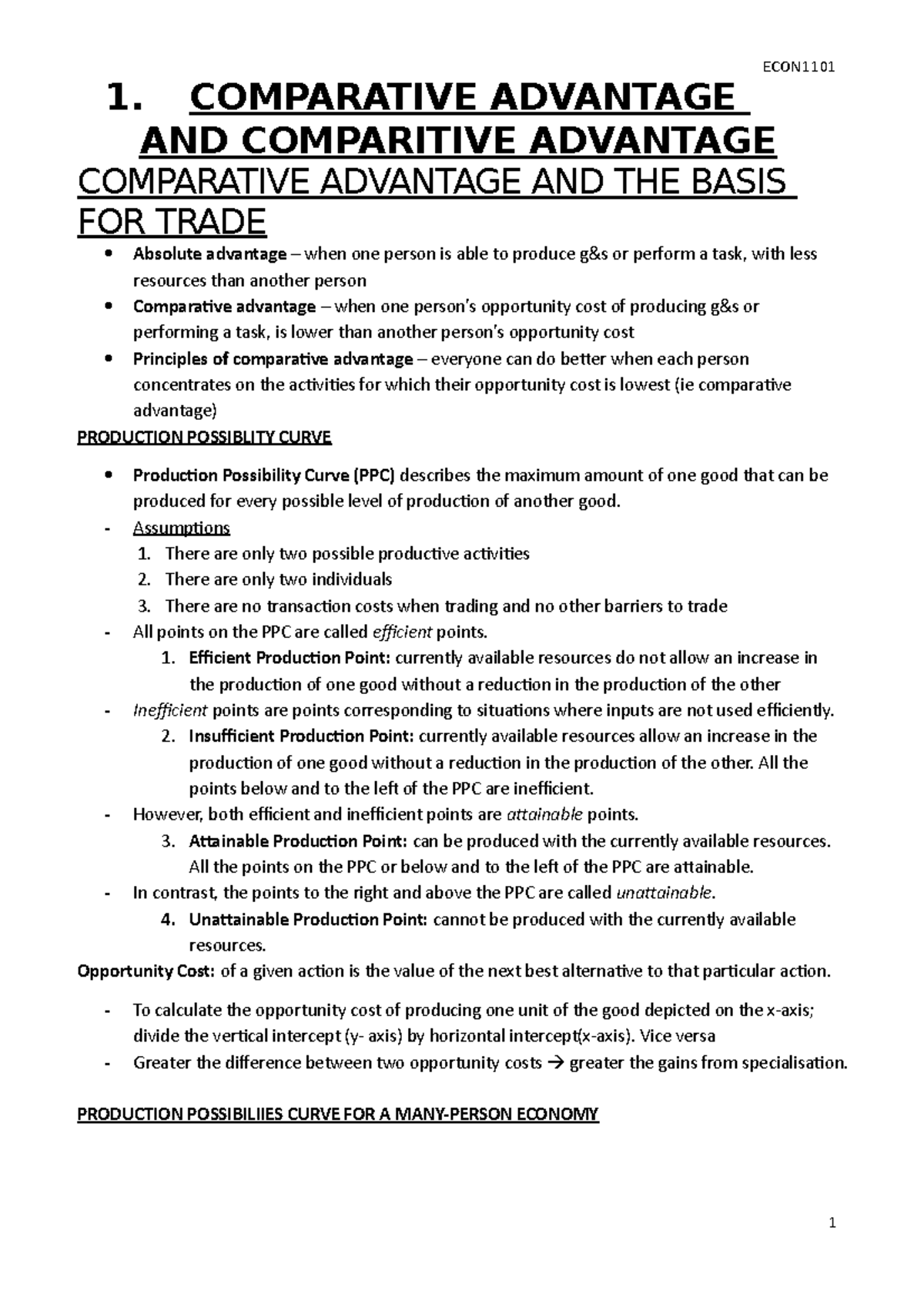 Microeconomics 1 - Summary - ECON 1101 - 1. COMPARATIVE ADVANTAGE AND ...