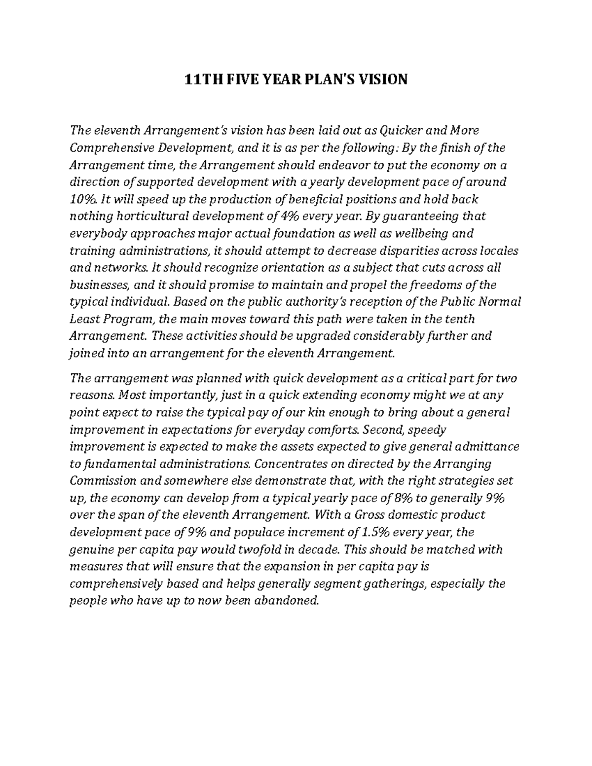 11th Five Year Plan's vision 11TH FIVE YEAR PLAN'S VISION The