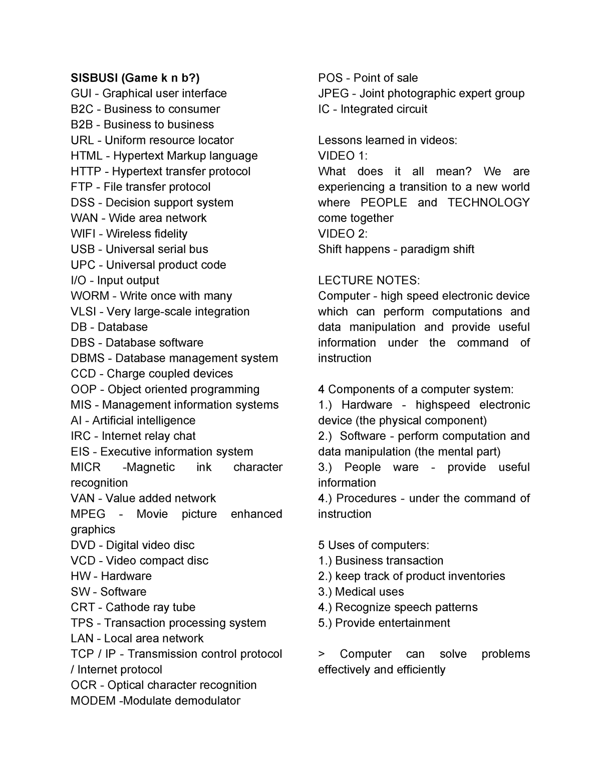 Notes For Strategic Information Systems Sisbusi Game K N B Gui Graphical User Interface