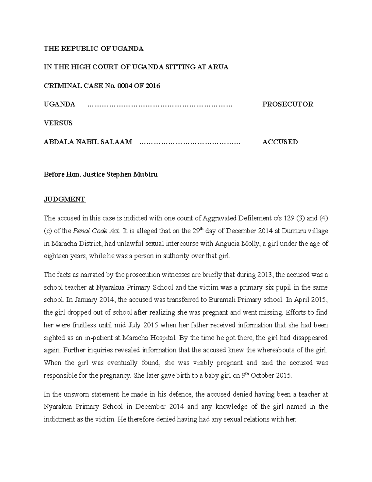 2016ughccrd69 0 Criminal law case on defilement THE REPUBLIC OF