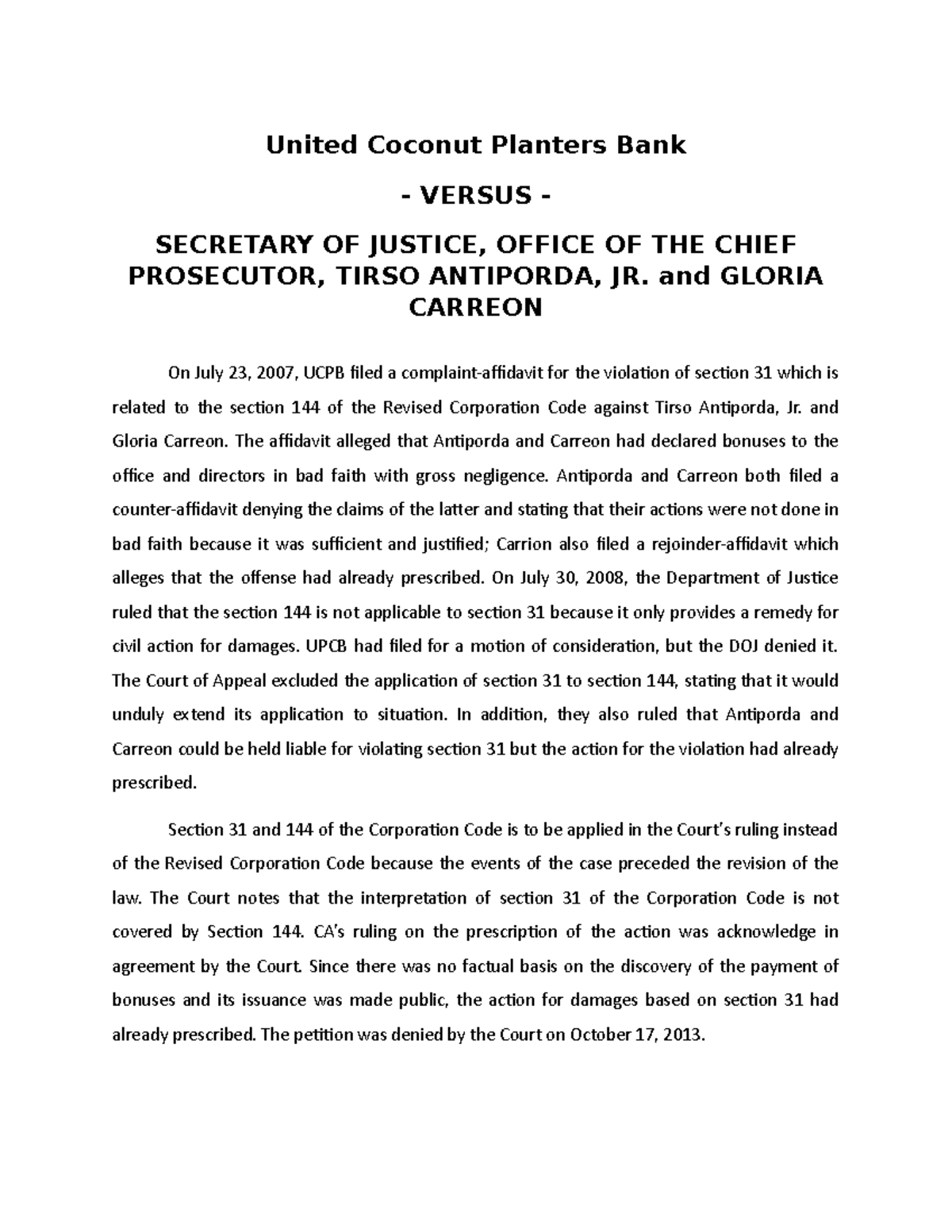 United Coconut Planters Bank and GLORIA CARREON On July 23, 2007