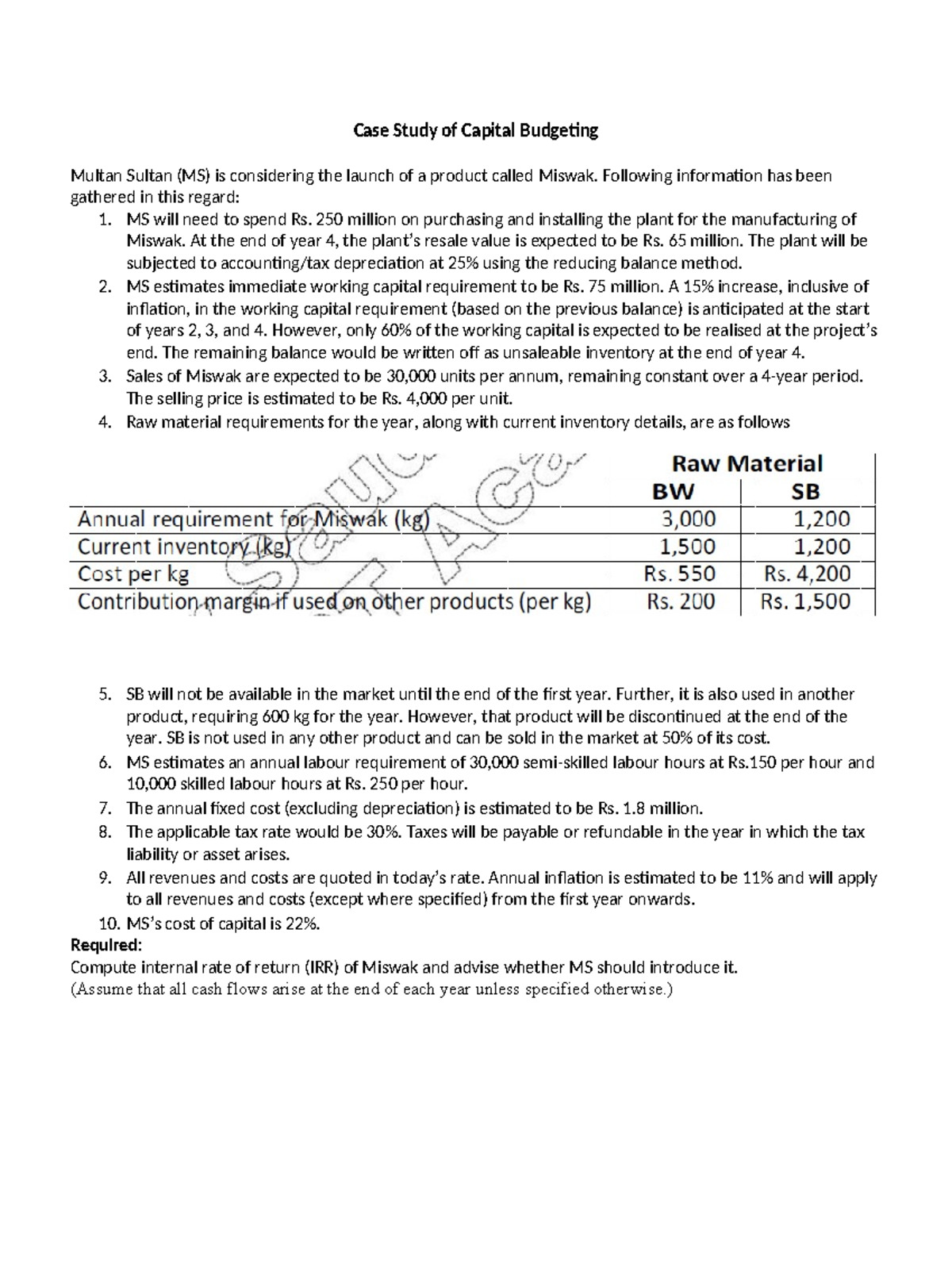 Capital Budgeting Case Study Case Study Of Capital Budgeting Multan