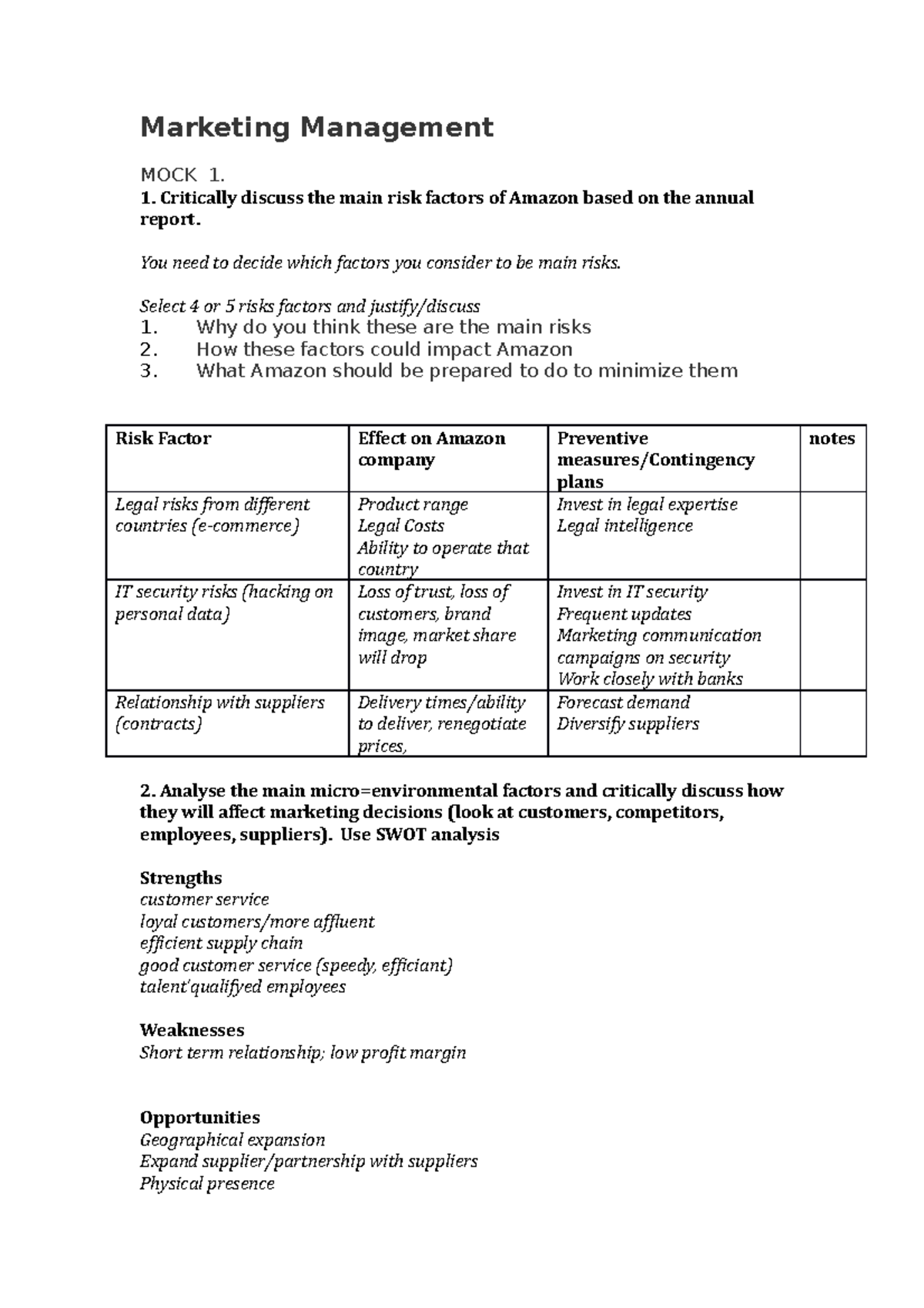 Marketing Management MOCK - 1. Critically discuss the main risk factors ...