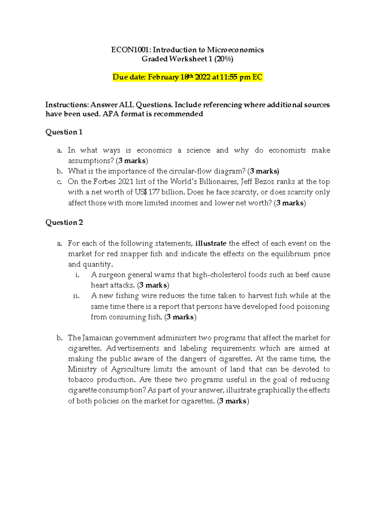 Graded Worksheet on Microeconomics 18th Februray 2022 - Intro to ...
