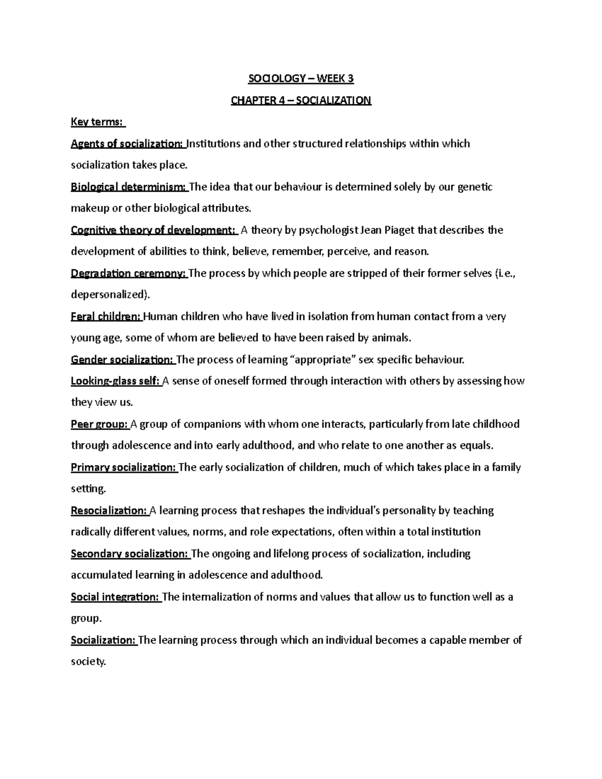 Sociology Chapter 4 - SOCIOLOGY – WEEK 3 CHAPTER 4 – SOCIALIZATION Key ...