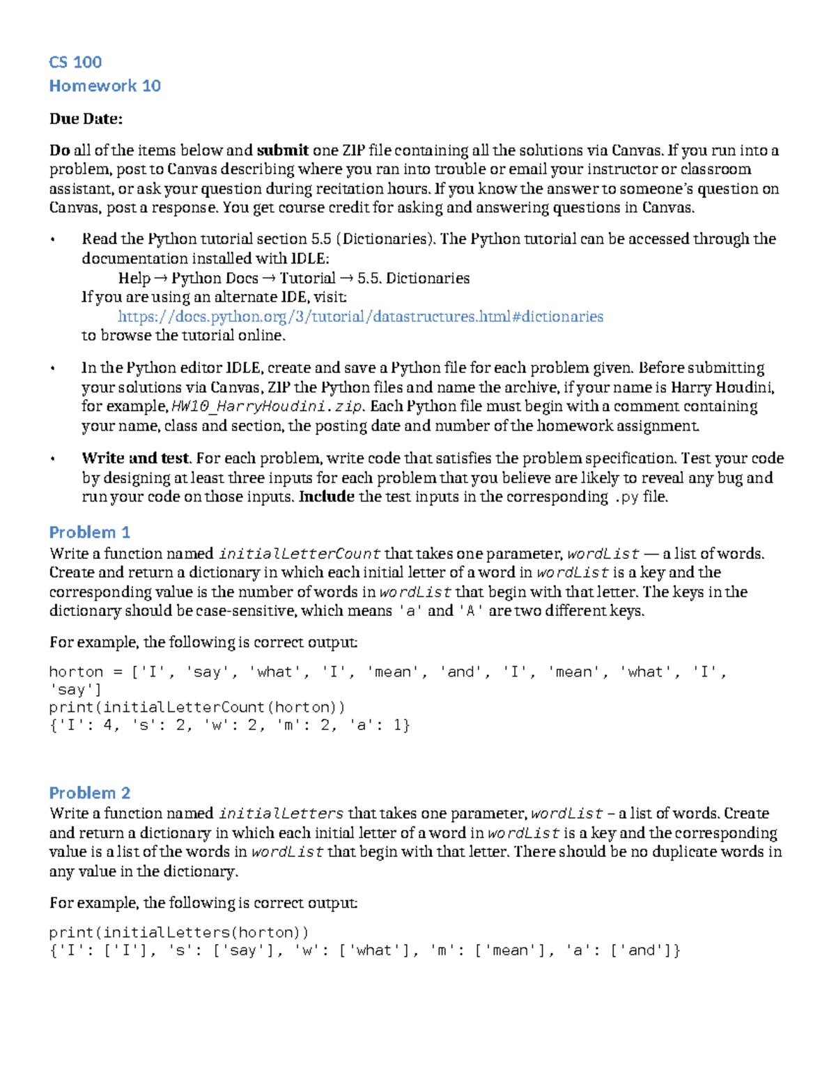 Homework+10+-+Dictionaries+and+Tuples - CS 100 Homework 10 Due Date: Do ...