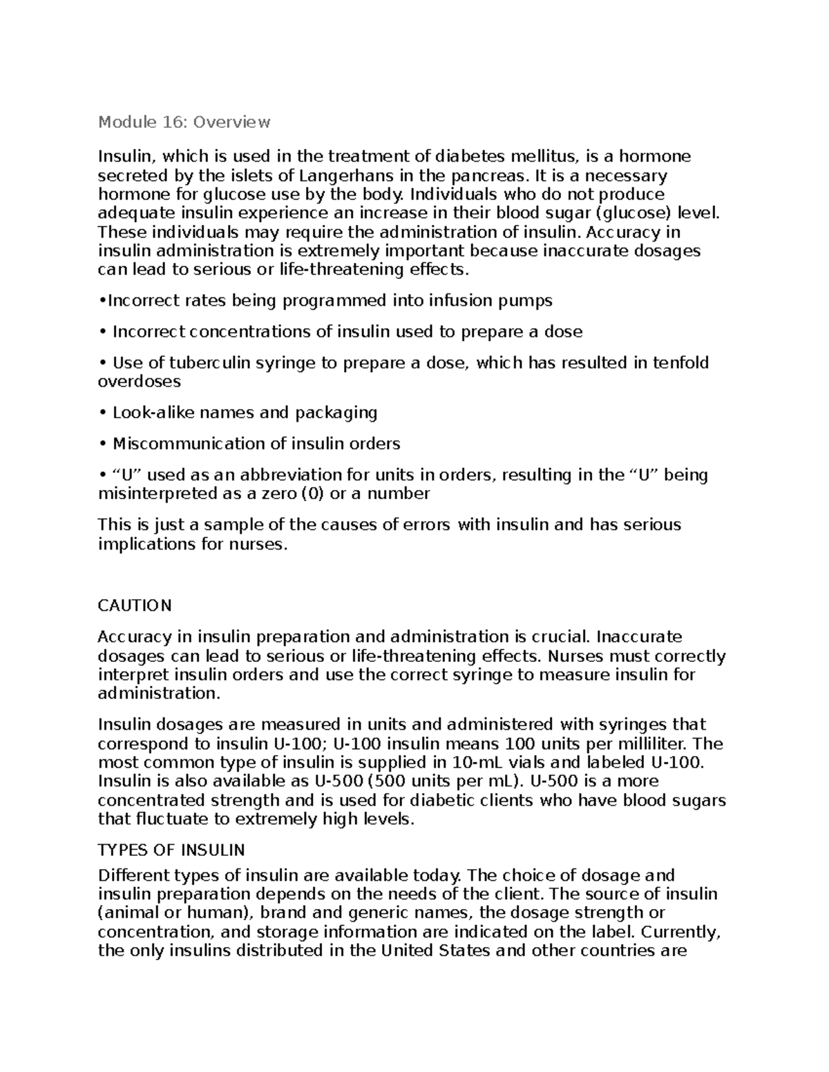 Insulin Administration, Calculation, Nursing Indications Module 16
