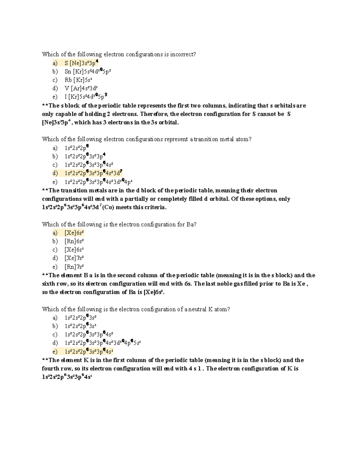 Chemistry 101 - Chapter 6 - Part 5 - Which of the following electron ...