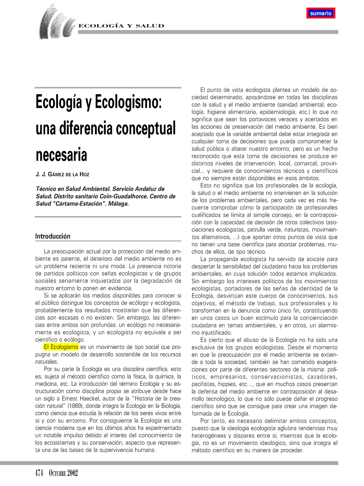 Ecologia Y Ecologismo - ECOLOGÍA Y SALUD Introducción La Preocupación ...