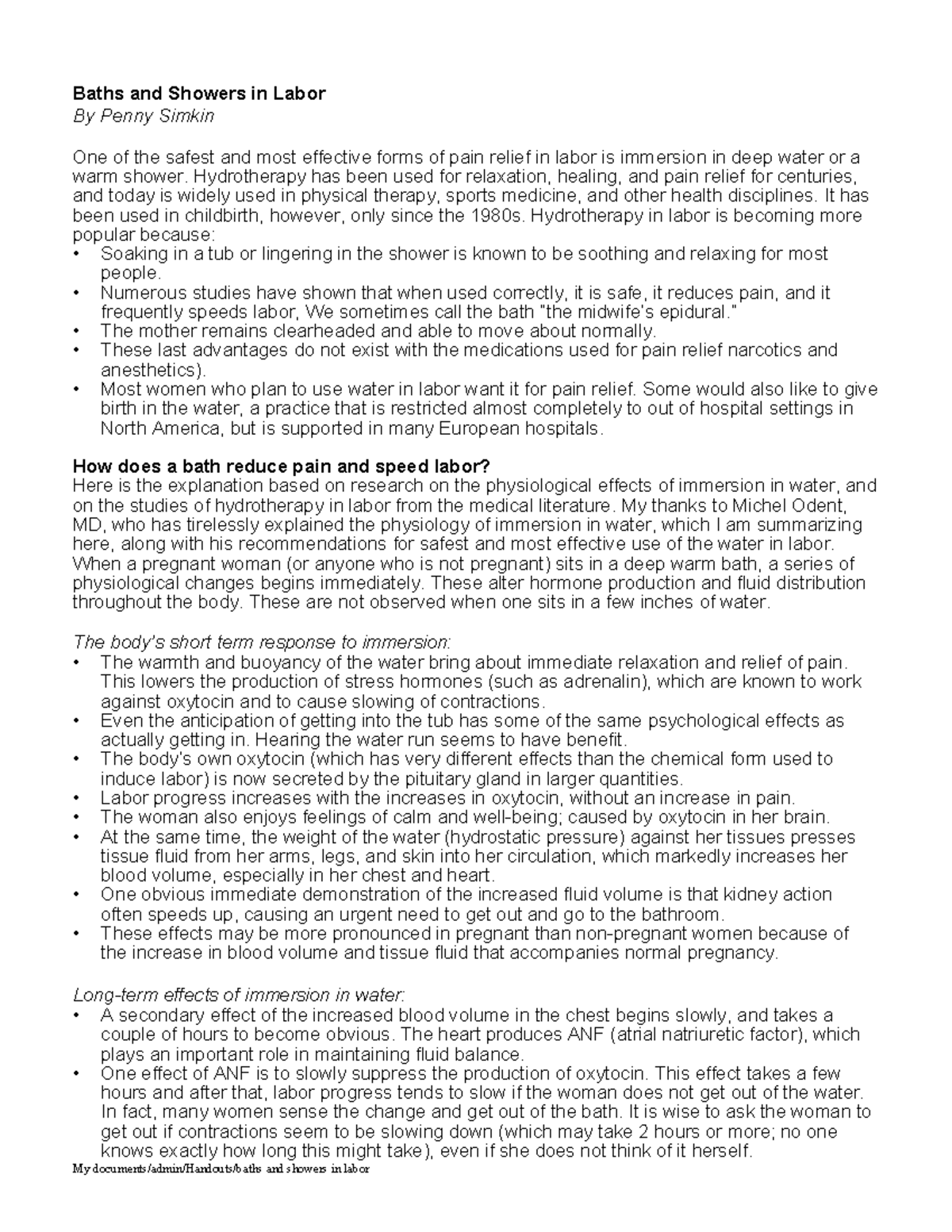 Hydrotherapy in Labor labour notes My documents/admin/Handouts