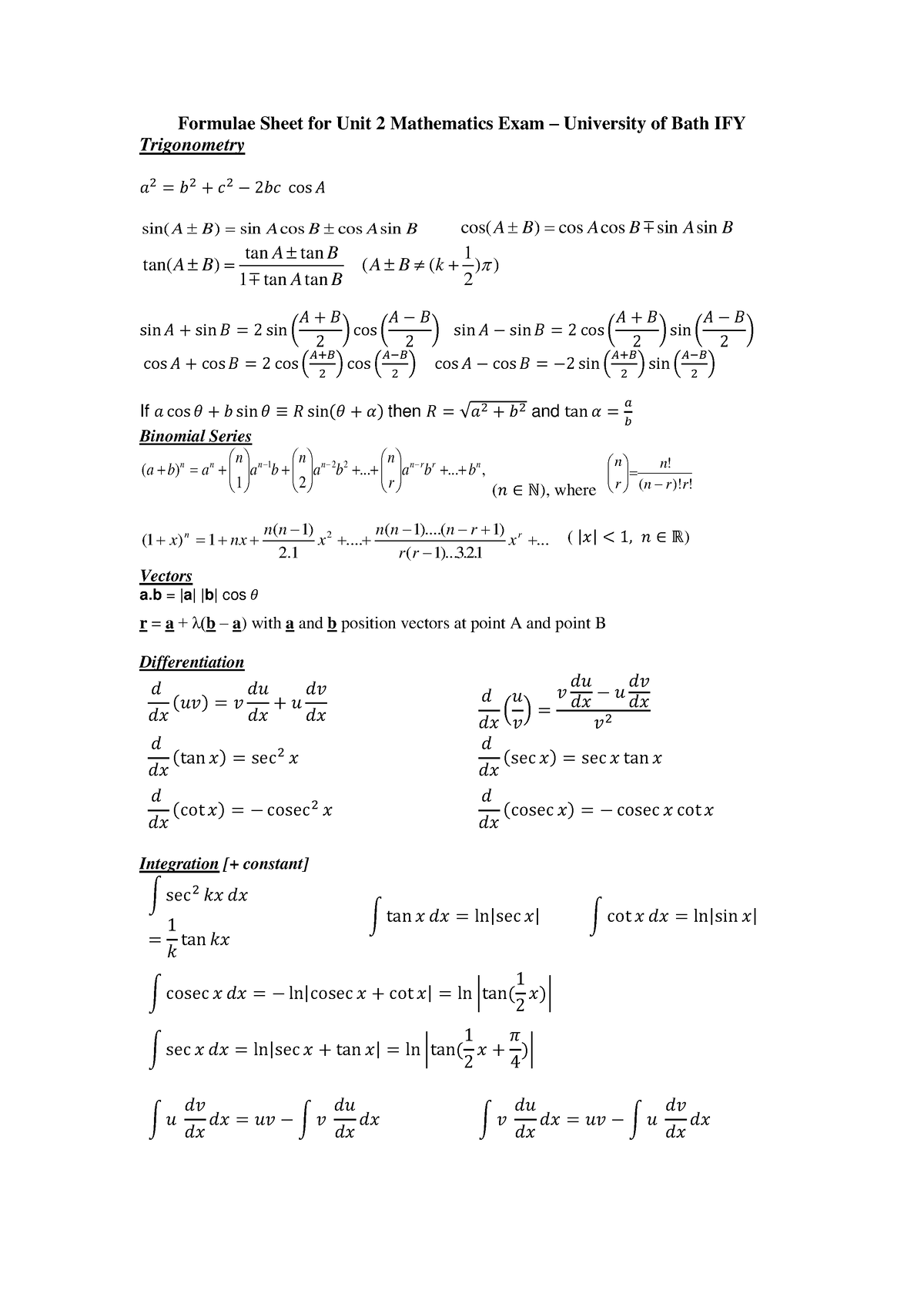 Formulae Sheet for Unit 2 Mathematics Exam - .. ... , 1 2 ( ) n n n 1 n ...