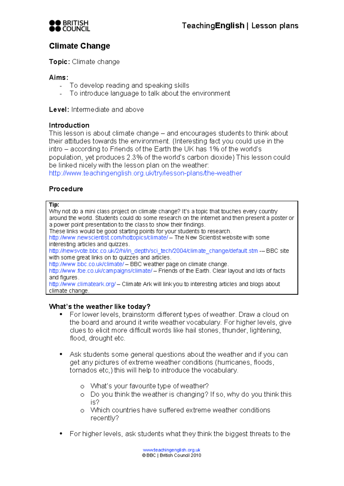 Climate change lesson plan - teachingenglish.org Climate Change Topic ...