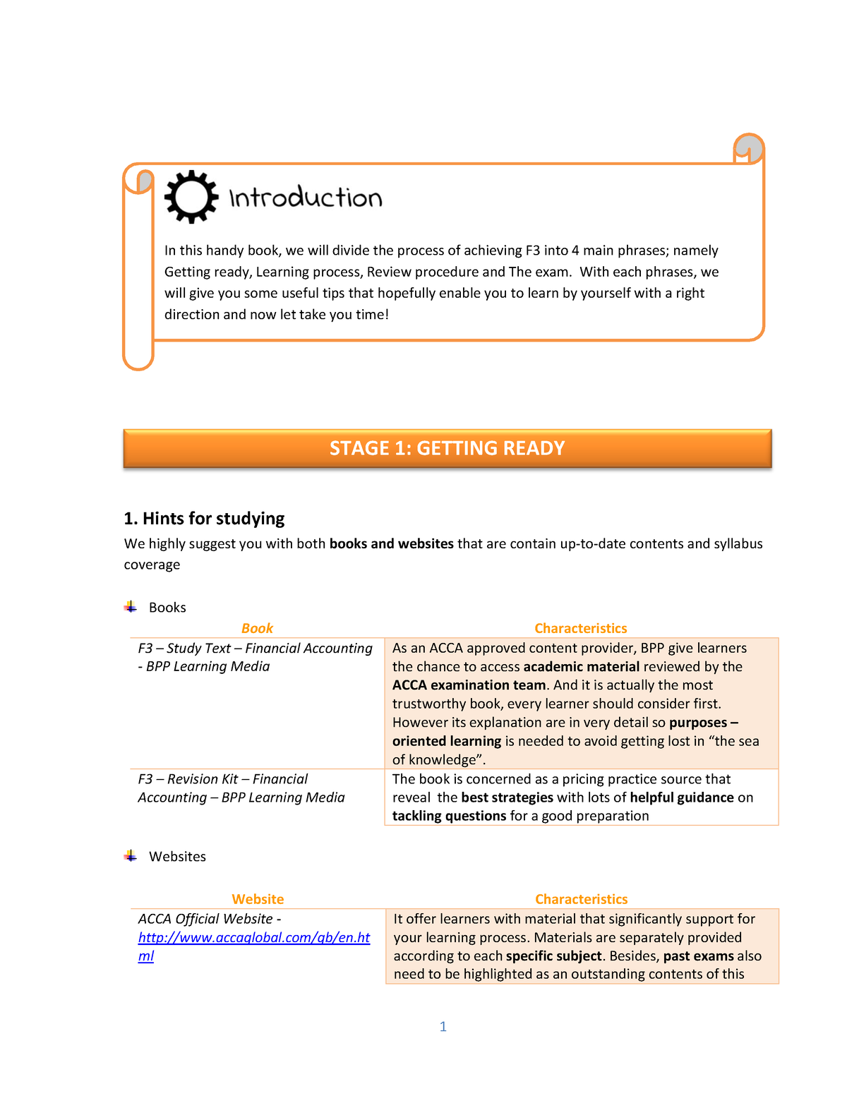 F3 study plan final - STAGE 1: GETTING READY 1. Hints for studying We  highly suggest you with both - Sns-Brigh10