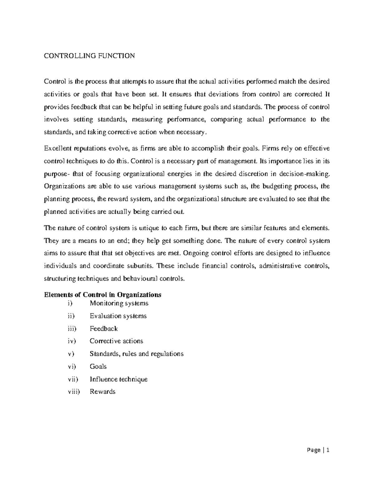 Controlling Function - notes - CONTROLLING FUNCTION Control is the ...