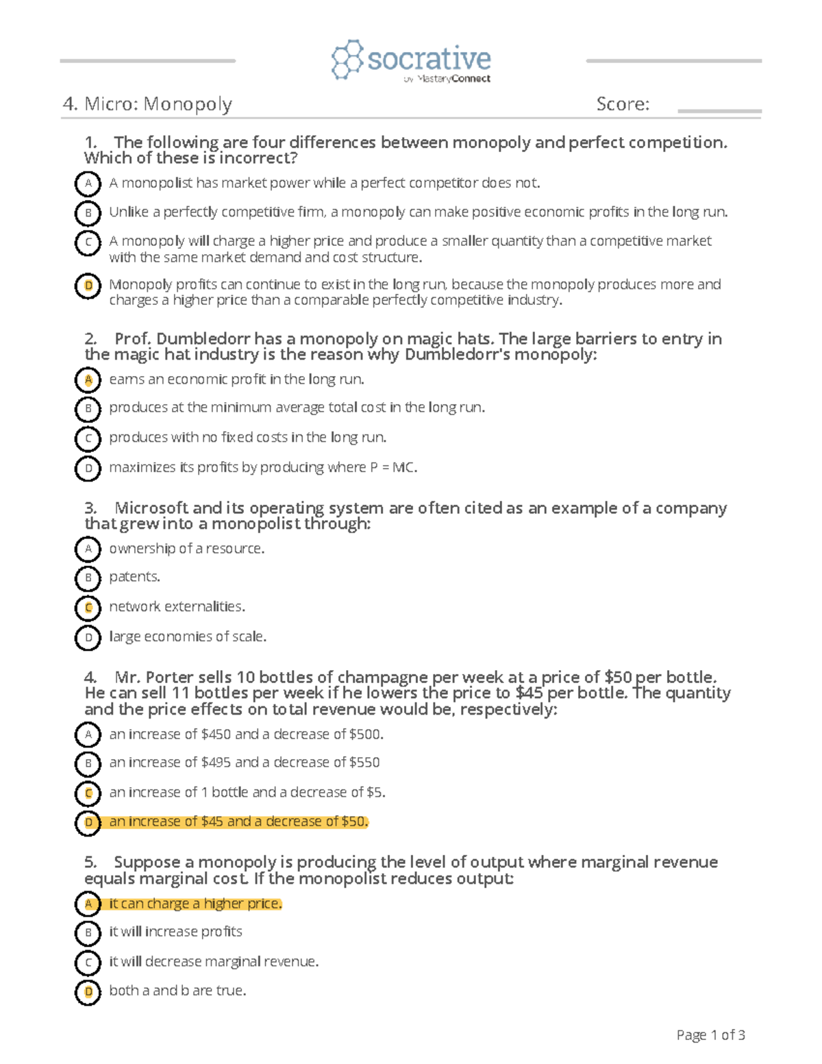 Socrative Monopoly Four Markets Practice Questions 4 Micro