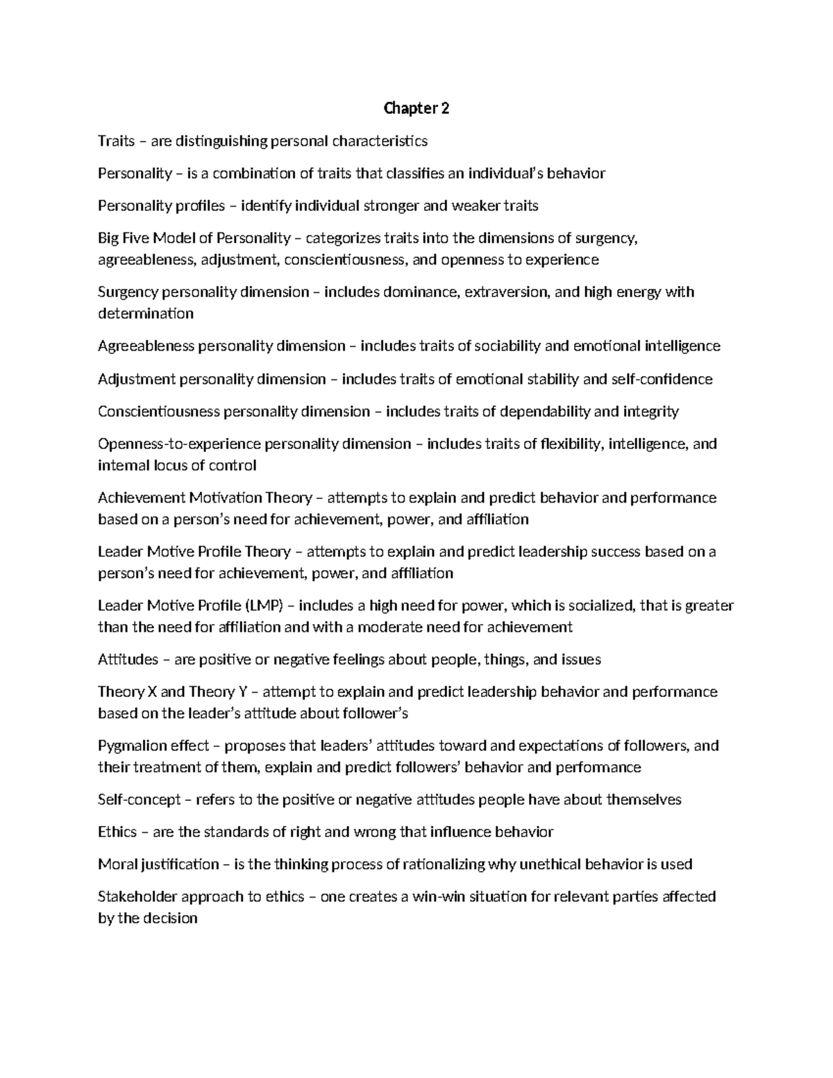 Chapter 2 - Book Notes - Chapter 2 Traits – are distinguishing personal ...