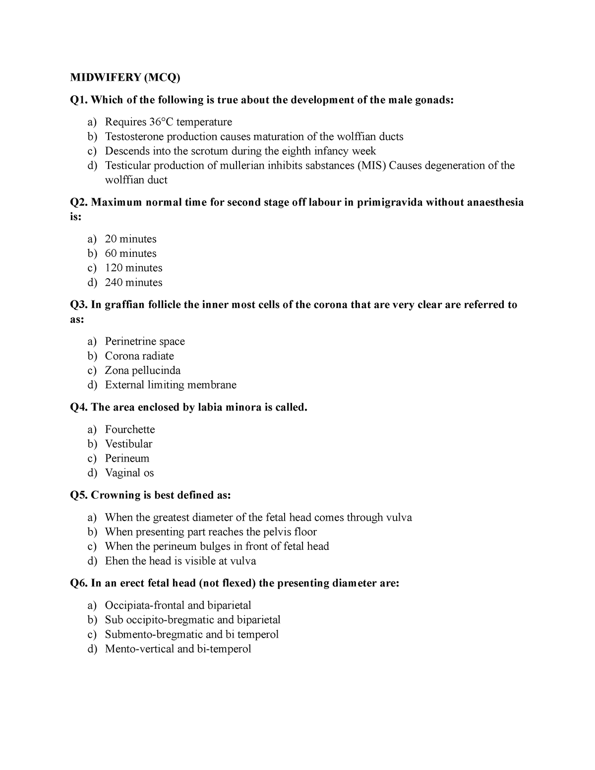 Midwifery Mcqs Information Midwifery Mcq Q1 Which Of The