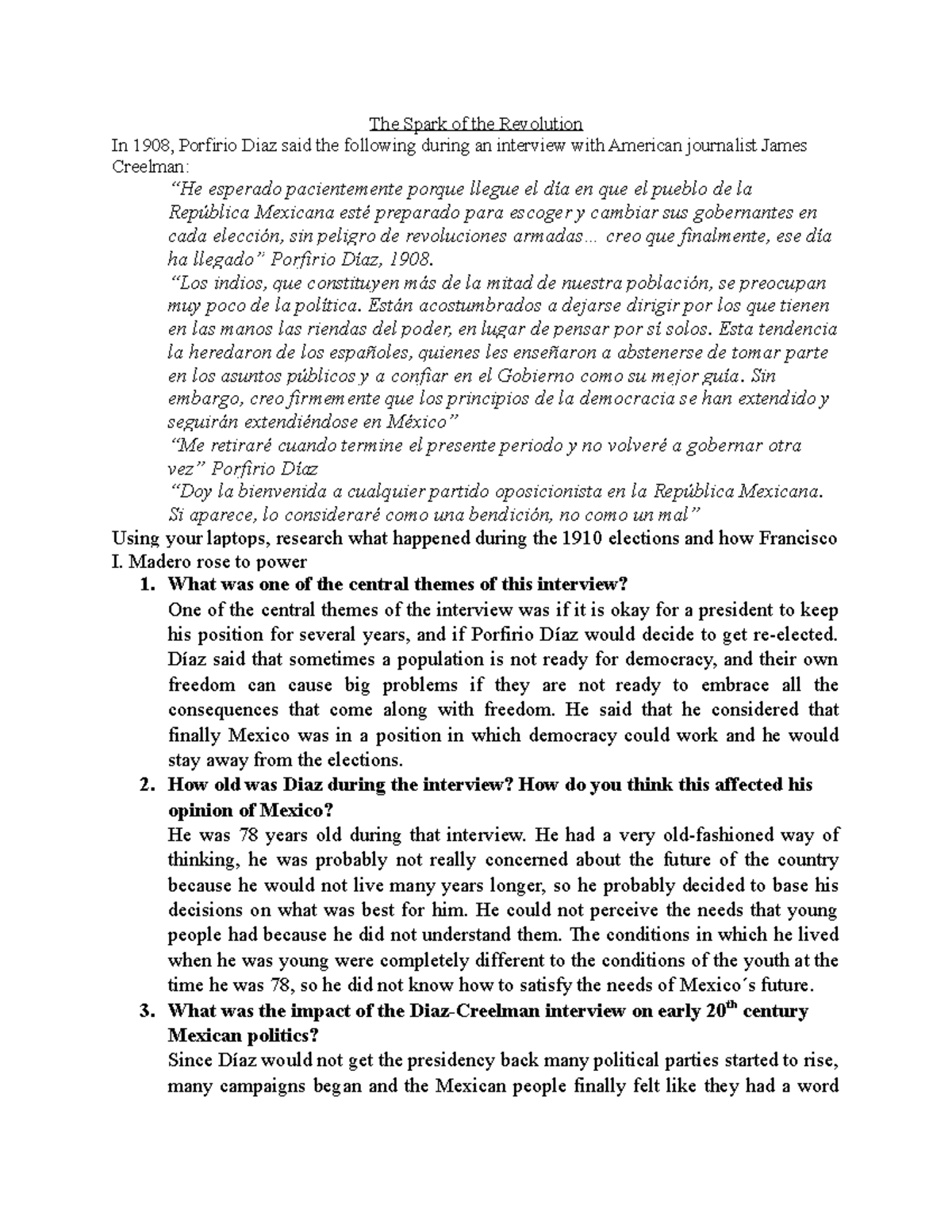 Creelman Interview The Spark of the Revolution In 1908, Porfirio Diaz