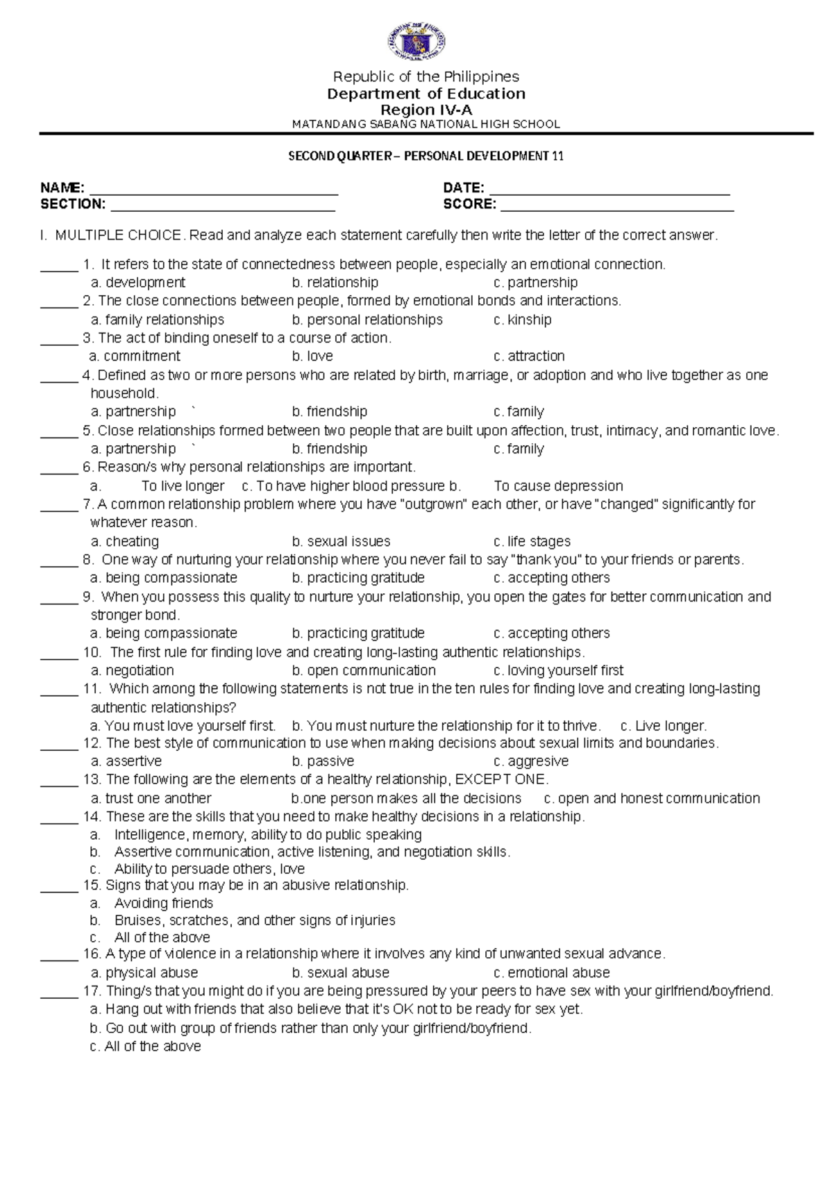 Perdev EXAM 2ND - Summary Hospital Management - Republic of the ...