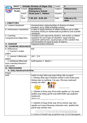 DLP MATH Q1 W5 - Daily Lesson Plan in Mathematics 1 Quarter 1, Week 5 ...