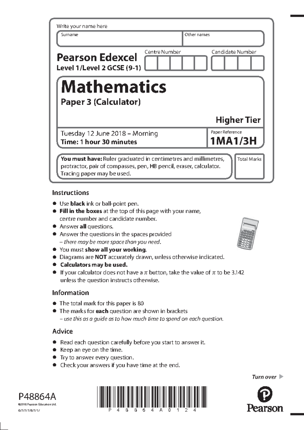 1MA1 3H QP 0 - Math Exercises - Centre Number Candidate Number Write ...