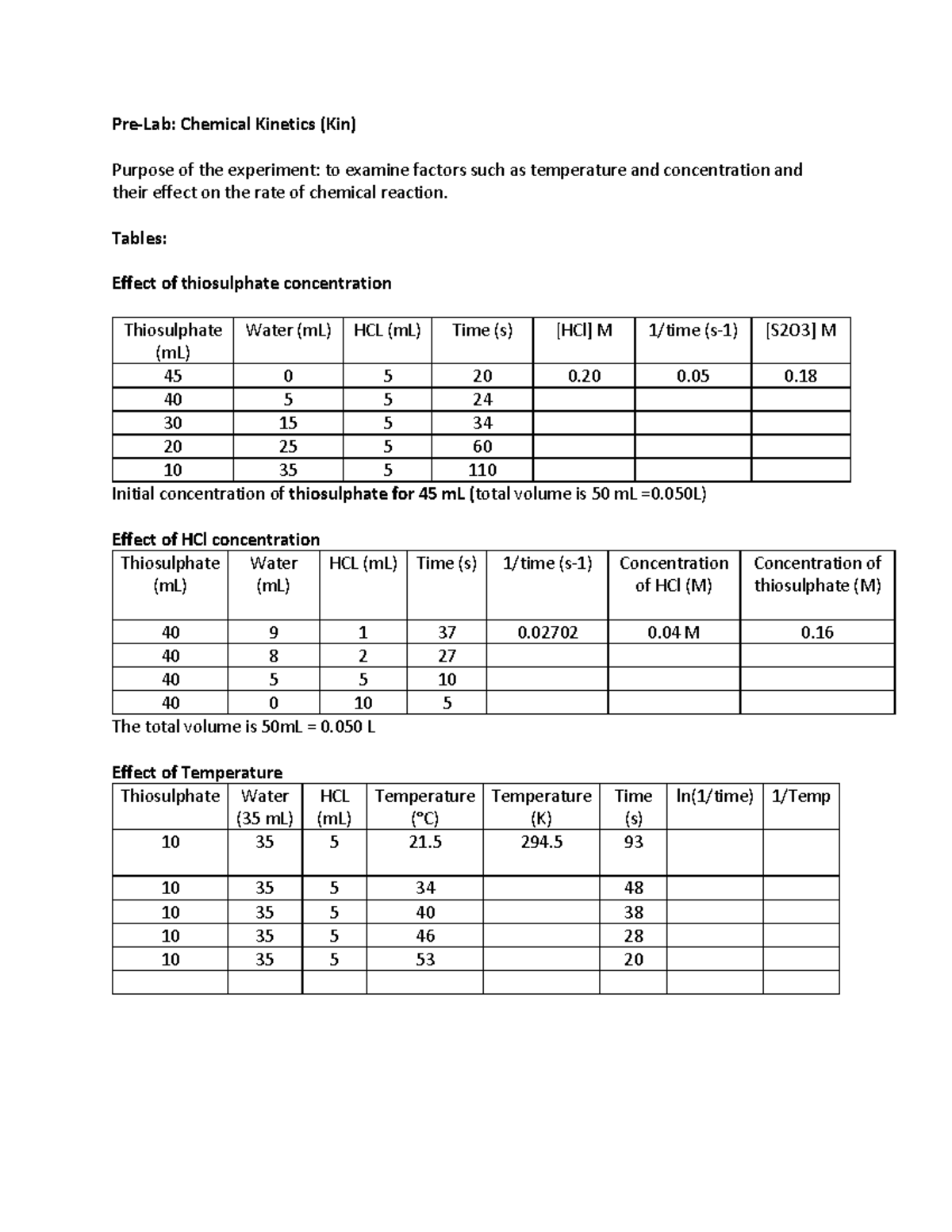 Kin pre lab PreLab Chemical ( Kin) Purpose of the experiment to examine factors