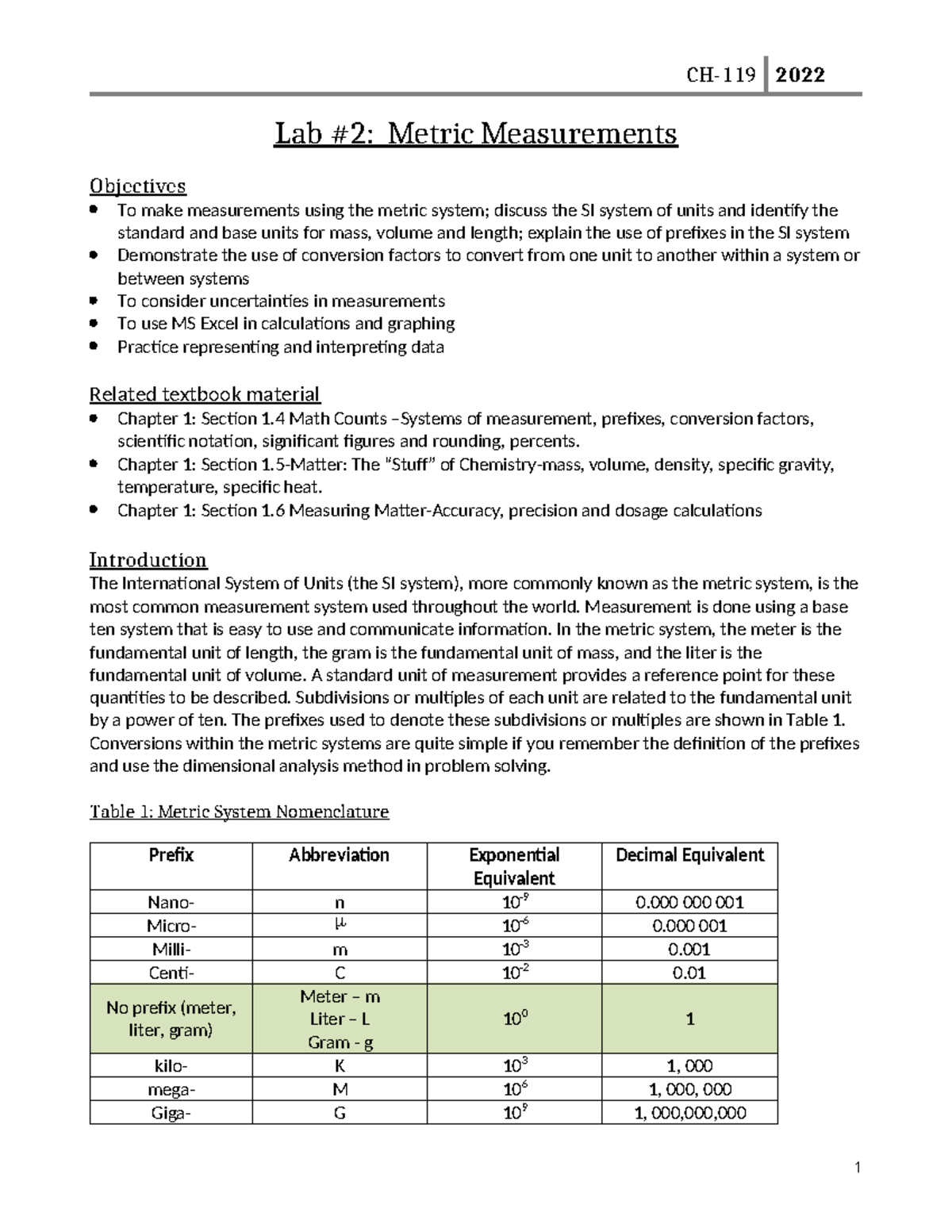 Lab 02 Metric Measurements Lab 2 Metric Measurements Objectives To