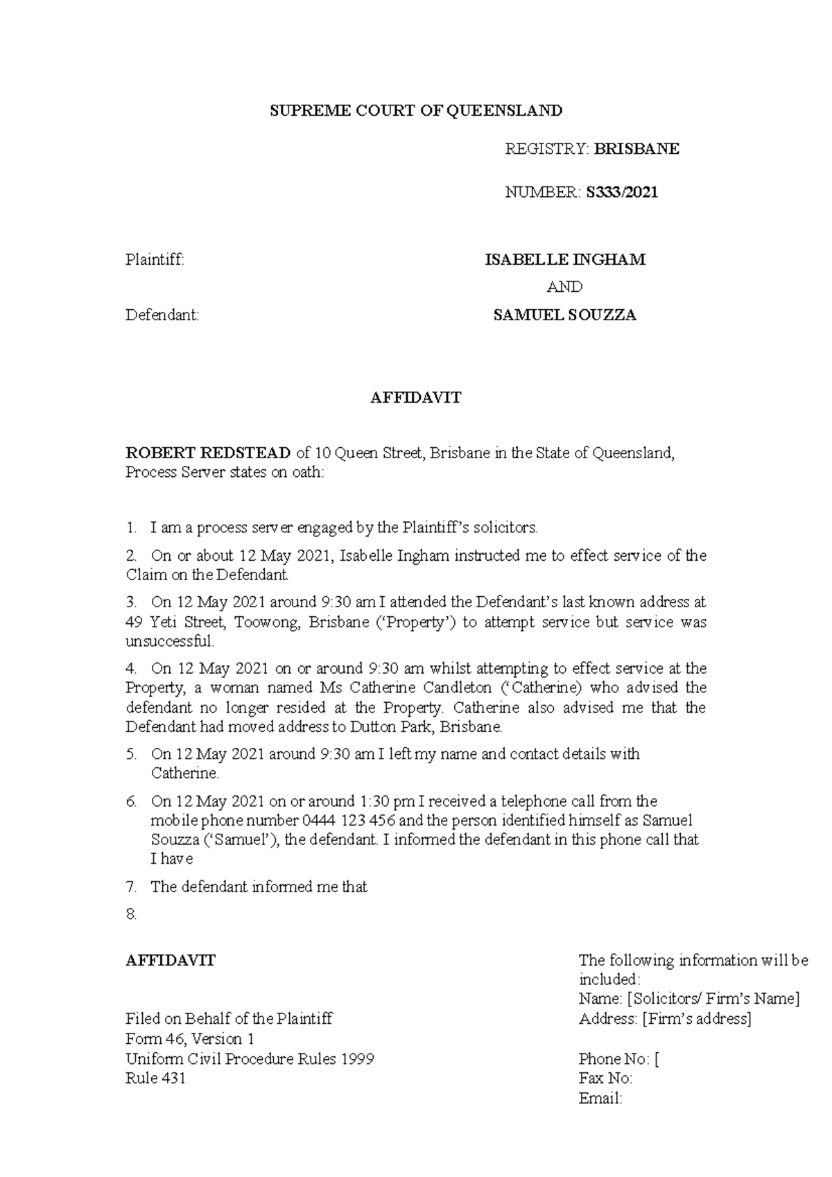 Form 46 Form 46 Example Supreme Court Of Queensland Registry Brisbane Number S333