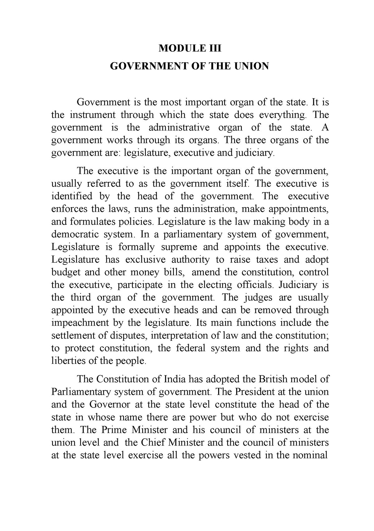 essay on union government