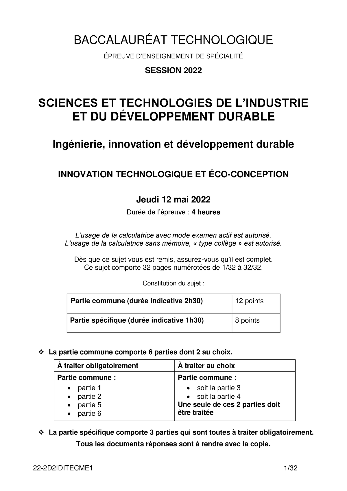 Sujet ITEC STI2D bon document BACCALAURÉAT TECHNOLOGIQUE ÉPREUVE D