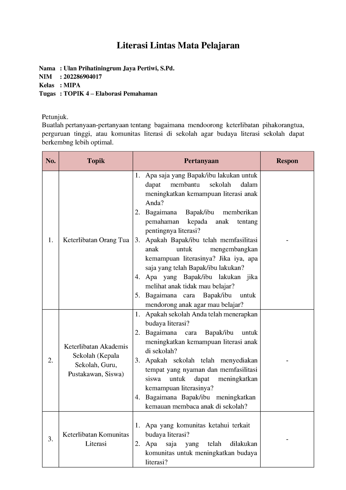 Llmp Topik Elaborasi Pemahaman Literasi Lintas Mata Pelajaran Nama