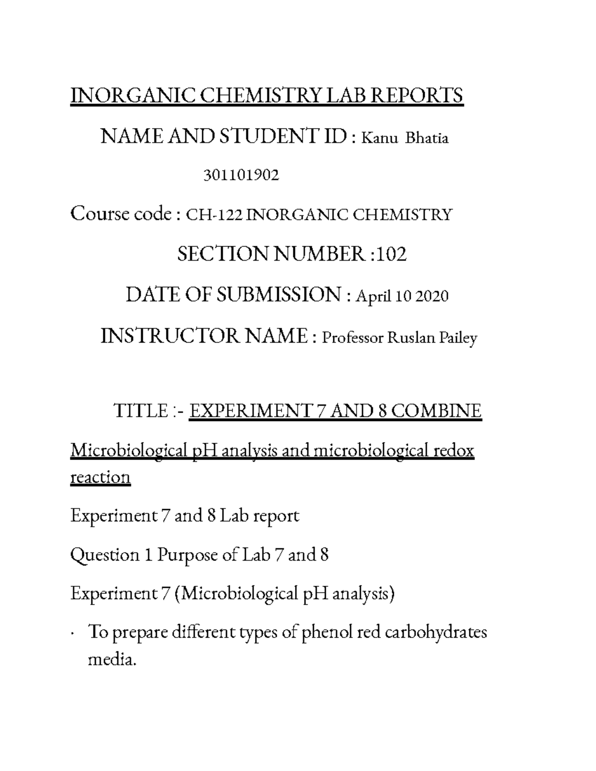 Inorganic Chemistry LAB Reports - INORGANIC CHEMISTRY LAB REPORTS NAME ...