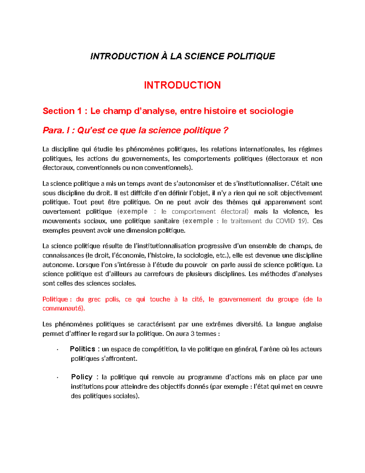 Scpo word - fiche complete L1 - INTRODUCTION À LA SCIENCE POLITIQUE ...
