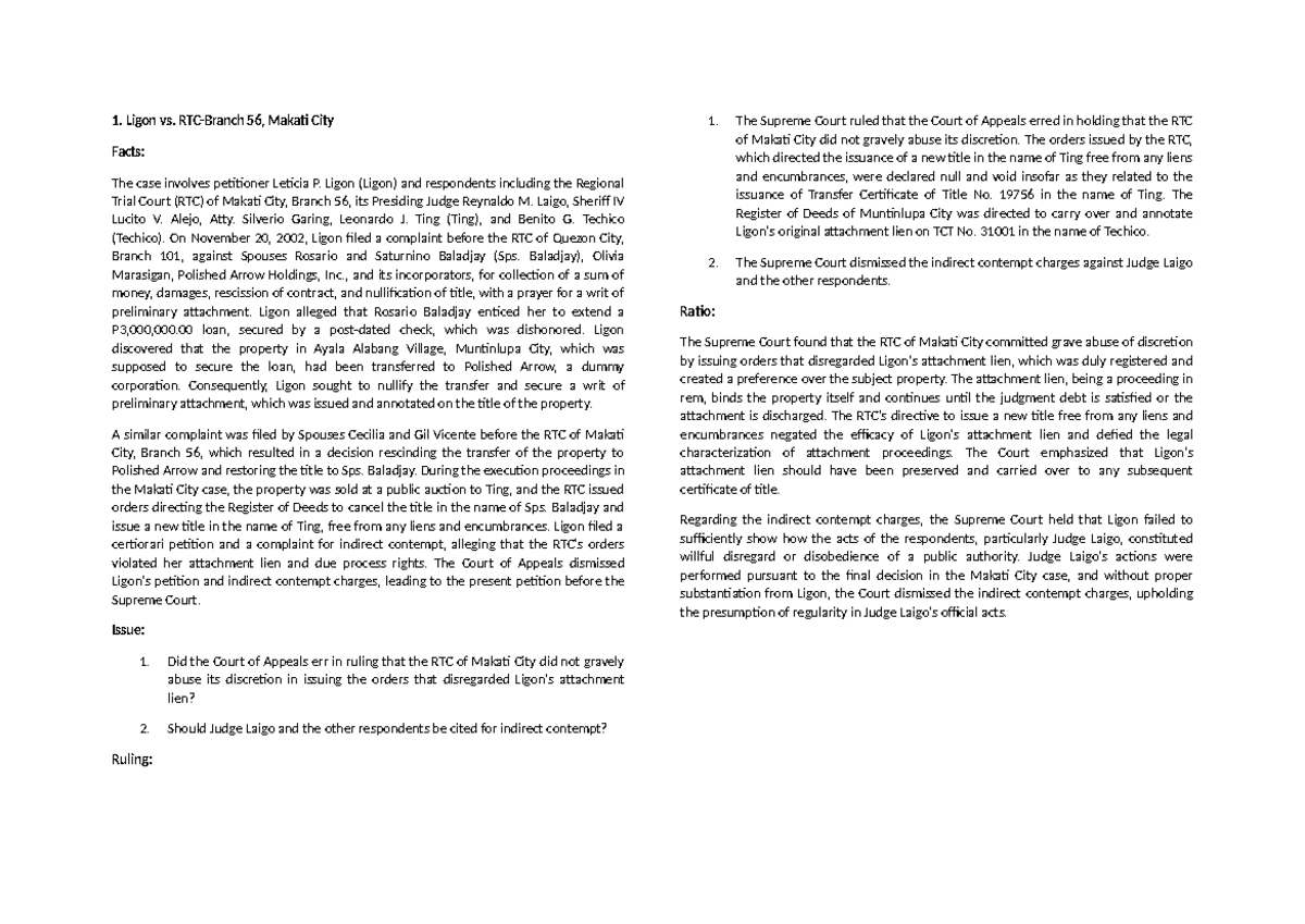 Rule 71 case digests - Rule 71 - 1. Ligon vs. RTC-Branch 56, Makati ...