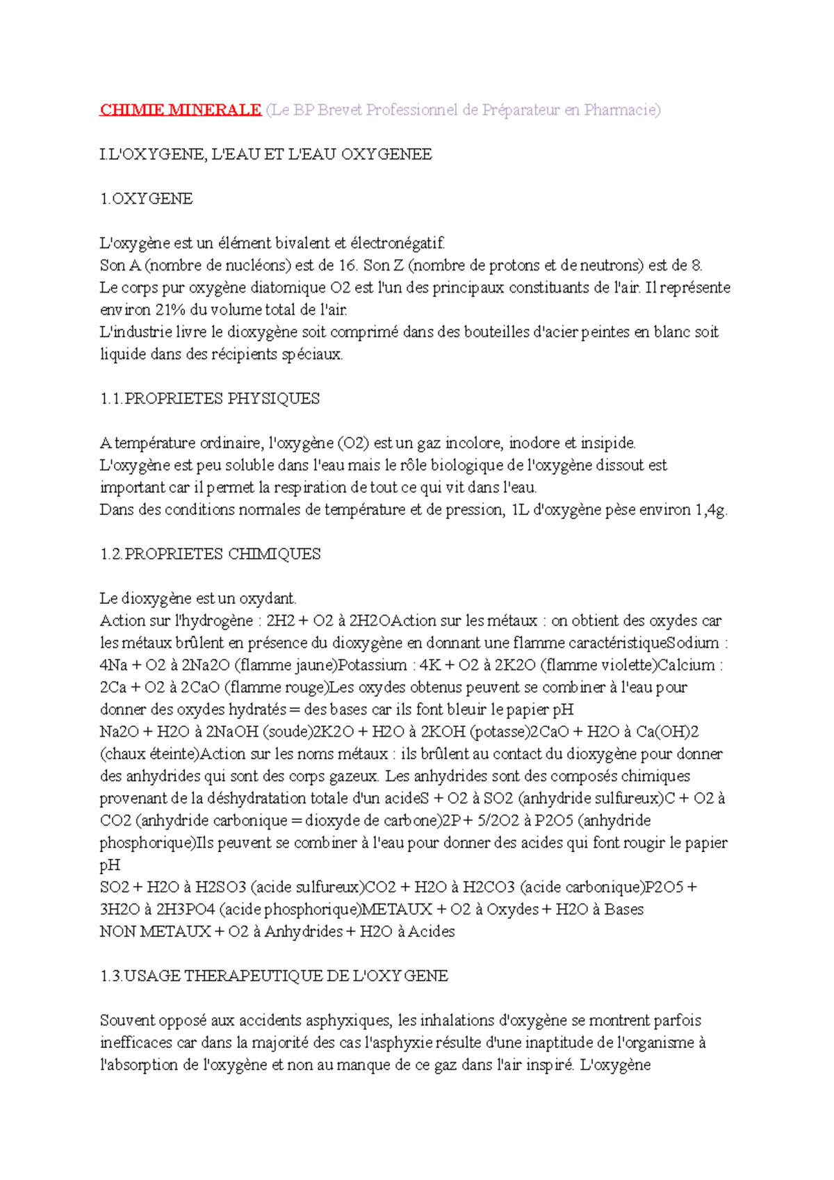 Sujets Corrigés Bp Préparateur En Pharmacie 2018 Chimie minerale - CHIMIE MINERALE (Le BP Brevet Professionnel de Préparateur  en Pharmacie) - Studocu