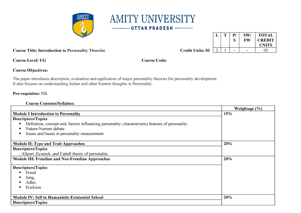 Personality Theories - Syllabus Of Amity University - Course Title 