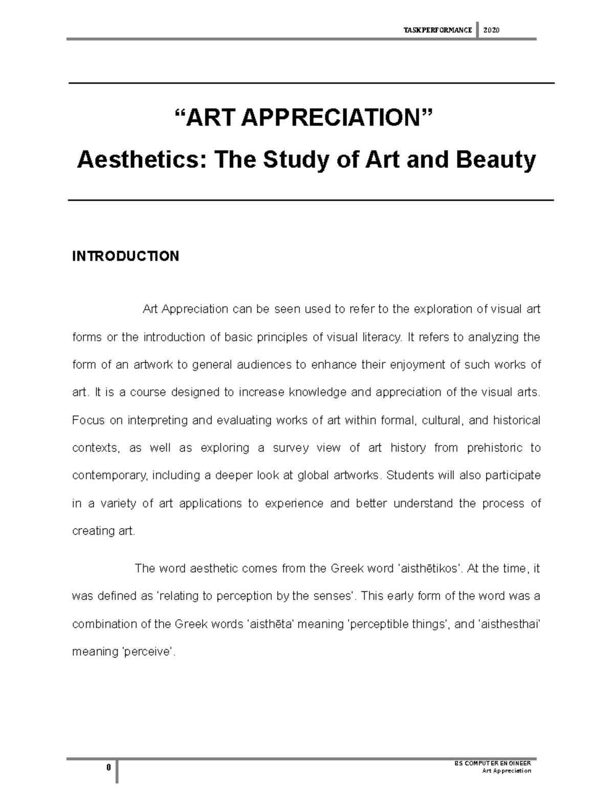 Finals Task Performance “ART APPRECIATION” Aesthetics The Study of