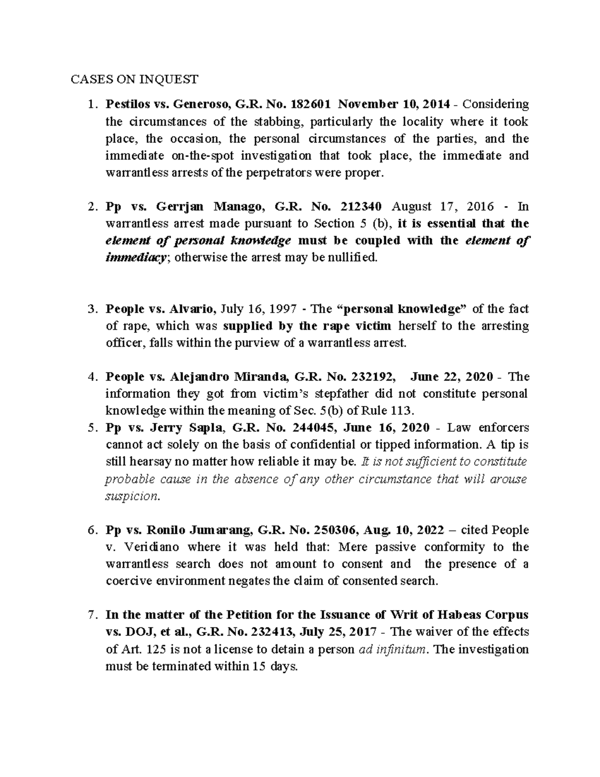 Cases on Inquest and PI - CASES ON INQUEST Pestilos vs. Generoso, G. No ...