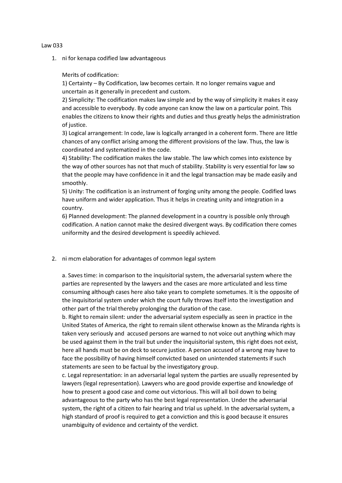 Law 033 - Answer example - Law 033 ni for kenapa codified law ...